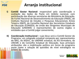 Arranjo institucional
I) Comitê Gestor Nacional: responsável pela coordenação e
avaliação das Ações do Pacto em âmbito nacional, com
participação das diversas secretarias do Ministério da Educação,
do Fundo Nacional de Desenvolvimento da Educação (FNDE), do
Instituto Nacional de Estudos e Pesquisas Educacionais Anísio
Teixeira (INEP), do Conselho Nacional dos Secretários Estaduais
de Educação (CONSED), da União dos Dirigentes Municipais de
Educação (UNDIME) e representantes de outros órgãos e
entidades que o Comitê julgar conveniente;
II) Coordenação Institucional – cujo lócus será o Comitê Gestor do
Programa, um colegiado estadual composto por representantes
do MEC, da SEDUC, da UNDIME estadual, da IES formadora, da
UNCME e do Conselho Estadual de Educação. Suas principais
atribuições são a mobilização política em torno do programa
assim como a solução de questões de nível estratégico no
âmbito do estado;
 