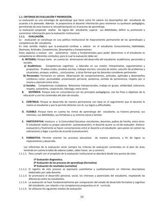 1.1. CRITERIOS DE EVALUACIÓN Y PROMOCIÓN.
La evaluación es una estrategia de aprendizaje que tiene como fin valorar los desempeños del estudiante de
acuerdo a lo planeado. Además le proporciona al docente información para reorientar su quehacer pedagógico,
permitiendo de esta manera la retroalimentación en el proceso de aprendizaje.
La evaluación propende exaltar los logros del estudiante, superar sus debilidades, definir su promoción y
suministrar información para la evaluación institucional.
1.1.1. EVALUACIÓN.
La evaluación se constituye en una política Institucional de mejoramiento permanente de los aprendizajes y
competencias del estudiante.
En este sentido implica que la evaluación conlleve a valorar en el estudiante: Conocimientos, Habilidades,
Destrezas, Actitudes, Competencias, Desempeños y Comprensiones.
Estos aspectos a evaluar son parámetros claves y fundamentales para poder determinar si el estudiante es
competente en diferentes contextos; para lo cual la evaluación debe ser:
   A. INTEGRAL: Porque tiene en cuenta las dimensiones del desarrollo del estudiante: académicos, personales y
     sociales.
      a) Académicos:      Competencias cognitivas y laborales en sus niveles: Interpretativo, argumentativo y
        propositivo. Pruebas orales, pruebas escritas, trabajos escritos, consulta de textos, solución de problemas y
        situaciones, ensayos, análisis, , conclusiones, y otras formas que los docentes consideren pertinentes
    b) Personales: Formación en valores. Observación de comportamientos, actitudes, aptitudes y desempeños
        cotidianos como: puntualidad, presentación personal, asistencia, sentido de pertenencia, respeto por sí
        mismo y atención entre otros.
    c) Sociales: Competencias ciudadanas. Relaciones interpersonales, trabajo en grupo, solidaridad, tolerancia,
        respeto, autoestima, cooperación, liderazgo, entre otros.
   B.      SISTÉMICA: Porque esta en concordancia con los principios pedagógicos, con los fines y objetivos de la
     educación y con los contenidos del plan de estudio.

  C. CONTINUA: Porque se desarrolla de manera permanente con base en el seguimiento que el docente le
     realiza al estudiante y que le permite detectar con él, sus logros y dificultades.

  D. FLEXIBLE: Porque tiene en cuenta los ritmos de aprendizaje del estudiante, su historia personal, sus
     intereses, sus debilidades, sus fortalezas y su entorno social y familiar.

  E. PARTICIPATIVA: Involucra a la Comunidad Educativa: estudiantes, docentes, padres de familia, entre otros.
     El estudiante realiza su propia valoración (autoevaluación), el docente asume su rol de evaluador (hetero-
     evaluación) y finalmente se hacen concertaciones entre el docente y el estudiante para poner en común las
     valoraciones y llegar a puntos de acuerdo (coevaluación).

  F. FORMATIVA: Permite orientar los procesos educativos              de manera oportuna, a fin de lograr su
     mejoramiento y desarrollo.

     Los referentes de la evaluación serán siempre los criterios de evaluación contenidos en el plan de área,
     teniendo en cuenta la tabla de saberes (saber, saber-hacer, ser y convivir).
1.1.1.1. Para cumplir con el propósito de la evaluación institucional se abordará desde tres puntos de vista:

                1º Evaluación diagnostica.
                2º Evaluación de los procesos de aprendizaje (formativa)
                3º Evaluación de resultados (sumativa)
1.1.1.2.   El registro de este proceso se expresará cuantitativa y cualitativamente en informes descriptivos
           elaborados por cada docente.
1.1.1.3.   Se promoverá el desarrollo personal, social, los intereses y potenciales del estudiante, respetando las
           diferencias entre los estudiantes.
1.1.1.4.   La evaluación se hace fundamentalmente por comparación del estado de desarrollo formativo y cognitivo
           del estudiante, con relación a las competencias propuestas en el currículo.
1.1.1.5.   Se utilizaran los siguientes medios de evaluación:


                                                        55
 