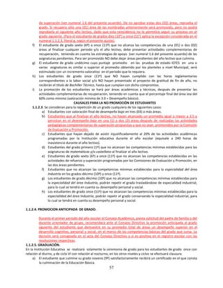 de superación (ver numeral 1.6 del presente acuerdo). De no aprobar estas dos (02) áreas, reprueba el
         grado. Si recupera sólo una (01) área de las nombradas anteriormente será promovido, pero no podrá
         reprobarla el siguiente año lectivo, dado que esta reincidencia no le permitirá seguir su proceso en el
         grado siguiente. (Para el estudiante de grados diez (10°) y once (11°) aplica la excepción considerada en el
         numeral 1.1.2.3, literal g, según el presente ajuste).
    f) El estudiante de grado sexto (6º) a once (11º) que no alcanza las competencias de una (01) o dos (02)
         áreas al finalizar cualquier periodo y/o el año lectivo, debe presentar actividades complementarias de
         recuperación, teniendo en cuenta las estrategias de apoyo (ver numeral 1.6 del presente acuerdo) de las
         asignaturas pendientes. Para ser promovido NO debe dejar áreas pendientes del año lectivo que culmina.
    g) El estudiante de grado undécimo cuyo puntaje promedio en las pruebas de estado ICFES en una o
         varias asignaturas es similar o superior al promedio obtenido por los planteles a nivel Municipal, será
         estimulado con un incremento valorativo en el periodo que lo requiera.
    h) Los estudiantes de grado once (11º) que NO hayan cumplido con las horas reglamentarias
         correspondientes a la labor social y/o NO hayan presentado el proyecto de gratitud de fin de año, no
         recibirán el título de Bachiller Técnico, hasta que cumplan con dicho compromiso.
    i) La promoción de los estudiantes se hará por áreas académicas y técnicas, después de presentar las
         actividades complementarias de recuperación, teniendo en cuenta que el porcentaje final del área sea del
         60% como mínimo (valoración mínima de 3.0 = Desempeño básico).
                                   CAUSALES PARA LA NO PROMOCIÓN DE ESTUDIANTES
    1.1.2.3. Se consideran para la repetición de un grado cualquiera de los siguientes casos:
           a) Estudiantes con valoración final de desempeño bajo en tres (03) o más áreas.
           b) Estudiantes que al finalizar el año lectivo, no hayan alcanzado un promedio igual o mayor a 3.5 y
                persistan en el desempeño bajo en una (1) o dos (2) áreas después de realizadas las actividades
                pedagógicas complementarias de superación propuestas y que no sean promovidos por la Comisión
                de Evaluación y Promoción.
           c) Estudiantes que hayan dejado de asistir injustificadamente al 20% de las actividades académicas
                programadas por la Institución educativa durante el año escolar (equivale a 240 horas de
                inasistencia durante el año lectivo).
           d) Estudiantes del grado primero (1º) que no alcanzan las competencias mínimas establecidas para las
                asignaturas de matemáticas y/o castellano al finalizar el año lectivo.
           e) Estudiantes de grado sexto (6º) a once (11º) que no alcanzan las competencias establecidas en las
                actividades de refuerzo y superación programadas por las Comisiones de Evaluación y Promoción, en
                las dos áreas pendientes.
           f) Estudiantes que no alcanzan las competencias mínimas establecidas para la especialidad del área
                Industria en los grados décimo (10º) y once (11º).
           g) Los estudiantes de grado décimo (10º) que no alcanzan las competencias mínimas establecidas para
                la especialidad del área Industria, podrán repetir el grado trasladándose de especialidad industrial,
                para lo cual se tendrá en cuenta su desempeño personal y social.
           h) Los estudiantes de grado once (11º) que no alcanzan las competencias mínimas establecidas para la
                especialidad del área Industria, podrán repetir el grado conservando la especialidad industrial, para
                lo cual se tendrá en cuenta su desempeño personal y social.

1.1.2.4. PROMOCION ANTICIPADA DE GRADO.

         Durante el primer periodo del año escolar el Consejo Académico, previa solicitud del padre de familia o del
         docente orientador de grupo, recomendará ante el Consejo Directivo la promoción anticipada al grado
         siguiente del estudiante que demuestre en su promedio total de áreas un desempeño superior en el
         desarrollo cognitivo, personal y social, en el marco de las competencias básicas del grado que cursa. La
         decisión será consignada en el acta del Consejo Directivo y si es positiva en el registro escolar con las
         resoluciones respectivas.
1.1.2.5. GRADUACIÓN.
En la Institución Educativa se realizará solamente la ceremonia de grado para los estudiantes de grado once con
relación al diurno, y de ciclo VI con relación al nocturno; en los otros niveles y ciclos se efectuará clausura.
     a) El estudiante que culmine su grado noveno (9º) satisfactoriamente recibirá un certificado en el que consta
          la culminación de la Educación Básica.
                                                        57
 