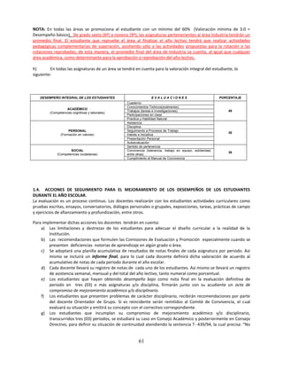 NOTA: En todas las áreas se promociona al estudiante con un mínimo del 60% (Valoración mínima de 3.0 =
Desempeño básico). De grado sexto (6º) a noveno (9º), las asignaturas pertenecientes al área Industria tendrán un
promedio final. El estudiante que repruebe el área al finalizar el año lectivo tendrá que realizar actividades
pedagógicas complementarias de superación, asistiendo sólo a las actividades propuestas para la rotación o las
rotaciones reprobadas; de esta manera, el promedio final del área de Industria se cuenta, al igual que cualquier
área académica, como determinante para la aprobación o reprobación del año lectivo.

h)       En todas las asignaturas de un área se tendrá en cuenta para la valoración integral del estudiante, lo
siguiente:



   DESEMPEÑO INTEGRAL DE LOS ESTUDIANTES                           EVALUACIONES                               PORCENTAJE
                                                   Cuaderno
                                                   Conocimientos Teóricos(exámenes)
                   ACADÉMICO
                                                   Trabajos (tareas e investigaciones)                            40
         (Competencias cognitivas y laborales)
                                                   Participaciones en clase
                                                   Practica y Habilidad Natural
                                                   Asistencia
                                                   Disciplina
                     PERSONAL                      Seguimiento a Procesos de Trabajo
                                                                                                                  30
                (Formación en valores)             Interés e Iniciativa
                                                   Presentación Personal
                                                   Autoevaluación
                                                   Sentido de pertenencia
                     SOCIAL                        Convivencia (tolerancia, trabajo en equipo, solidaridad,
                                                                                                                  30
             (Competencias ciudadanas)             entre otras)
                                                   Cumplimiento al Manual de Convivencia




1.4. ACCIONES DE SEGUIMIENTO PARA EL MEJORAMIENTO DE LOS DESEMPEÑOS DE LOS ESTUDIANTES
DURANTE EL AÑO ESCOLAR.
La evaluación es un proceso continuo. Los docentes realizarán con los estudiantes actividades curriculares como
pruebas escritas, ensayos, conversatorios, diálogos personales o grupales, exposiciones, tareas, prácticas de campo
y ejercicios de afianzamiento y profundización, entre otros.

Para implementar dichas acciones los docentes tendrán en cuenta:
    a) Las limitaciones y destrezas de los estudiantes para adecuar el diseño curricular a la realidad de la
        Institución.
    b) Las recomendaciones que formulen las Comisiones de Evaluación y Promoción especialmente cuando se
        presenten deficiencias notorias de aprendizaje en algún grado o área.
    c) Se adoptará una planilla acumulativa de resultados de notas finales de cada asignatura por periodo. Así
        mismo se incluirá un informe final, para lo cual cada docente definirá dicha valoración de acuerdo al
        acumulativo de notas de cada periodo durante el año escolar.
    d) Cada docente llevará su registro de notas de cada uno de los estudiantes. Así mismo se llevará un registro
        de asistencia semanal, mensual y del total del año lectivo, tanto numeral como porcentual.
    e) Los estudiantes que hayan obtenido desempeño bajo como nota final en la evaluación definitiva de
        periodo en tres (03) o más asignaturas y/o disciplina, firmarán junto con su acudiente un acta de
        compromiso de mejoramiento académico y/o disciplinario.
    f) Los estudiantes que presenten problemas de carácter disciplinario, recibirán recomendaciones por parte
        del docente Orientador de Grupo. Si es reincidente serán remitidos al Comité de Convivencia, el cual
        evaluará su situación y emitirá su concepto con el correctivo correspondiente.
    g) Los estudiantes que incumplan su compromiso de mejoramiento académico y/o disciplinario,
        transcurridos tres (03) periodos, se estudiará su caso en Consejo Académico y posteriormente en Consejo
        Directivo, para definir su situación de continuidad atendiendo la sentencia T- 439/94, la cual precisa: “No


                                                          61
 