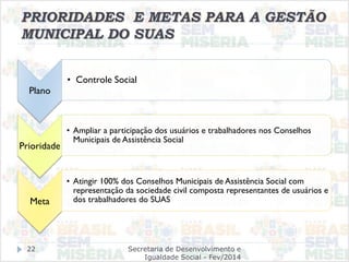 PRIORIDADES E METAS PARA A GESTÃO
MUNICIPAL DO SUAS
Plano
• Controle Social
Prioridade
• Ampliar a participação dos usuários e trabalhadores nos Conselhos
Municipais de Assistência Social
Meta
• Atingir 100% dos Conselhos Municipais de Assistência Social com
representação da sociedade civil composta representantes de usuários e
dos trabalhadores do SUAS
Secretaria de Desenvolvimento e
Igualdade Social - Fev/2014
22
 