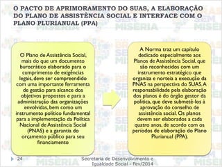 O PACTO DE APRIMORAMENTO DO SUAS, A ELABORAÇÃO
DO PLANO DE ASSISTÊNCIA SOCIAL E INTERFACE COM O
PLANO PLURIANUAL (PPA)
O Plano de Assistência Social,
mais do que um documento
burocrático elaborado para o
cumprimento de exigências
legais, deve ser compreendido
com uma importante ferramenta
de gestão para alcance dos
objetivos propostos e para a
administração das organizações
envolvidas, bem como um
instrumento político fundamental
para a implementação da Política
Nacional de Assistência Social
(PNAS) e a garantia do
orçamento público para seu
financiamento
A Norma traz um capítulo
dedicado especialmente aos
Planos de Assistência Social, que
são reconhecidos com um
instrumento estratégico que
organiza e norteia a execução da
PNAS na perspectiva do SUAS.A
responsabilidade pela elaboração
dos planos é do órgão gestor da
política, que deve submetê-los à
aprovação do conselho de
assistência social. Os planos
devem ser elaborados a cada
quatro anos, de acordo com os
períodos de elaboração do Plano
Plurianual (PPA).
Secretaria de Desenvolvimento e
Igualdade Social - Fev/2014
24
 