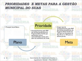 PRIORIDADES E METAS PARA A GESTÃO
MUNICIPAL DO SUAS
• Proteção Social Básica
Plano
• Acompanhamento pelo PAIF
das famílias beneficiárias do
Programa Bolsa Família que
apresentem outras
vulnerabilidades sociais, para
além da insuficiência de renda
Prioridade • Atingir taxa de
acompanhamento pelo PAIF
das famílias beneficiárias do
Programa Bolsa Família de
15% para os municípios de
Peq. Porte I e 10% para os
demais portes..
Meta
Secretaria de Desenvolvimento e
Igualdade Social - Fev/2014
6
 