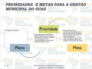 PRIORIDADES E METAS PARA A GESTÃO
MUNICIPAL DO SUAS
•Proteção Social Básica
Plano
•Acompanhamento pelo PAIF das
famílias beneficiárias do Programa
Bolsa Família em fase de suspensão
por descumprimento de
condicionalidades, cujos motivos
sejam da assistência social
Prioridade •Atingir 50% de taxa de
acompanhamento das famílias em
fase de suspensão do Programa
Bolsa Família em decorrência do
descumprimento de
condicionalidades, cujos motivos
sejam da assistência social com
respectivo sistema de informação..
Meta
Secretaria de Desenvolvimento e
Igualdade Social - Fev/2014
8
 