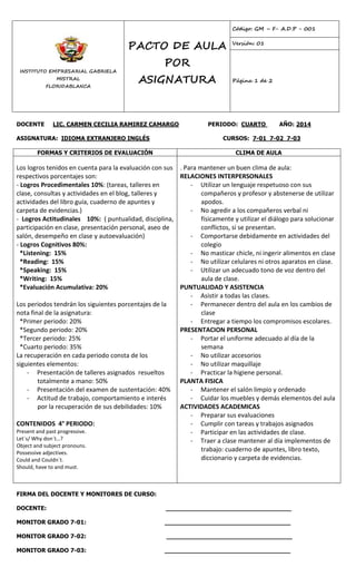 INSTITUTO EMPRESARIAL GABRIELA 
MISTRAL 
FLORIDABLANCA 
PACTO DE AULA 
POR 
ASIGNATURA 
Código: GM – F- A.D.P - 001 
Versión: 01 
Página 1 de 2 
DOCENTE LIC. CARMEN CECILIA RAMIREZ CAMARGO PERIODO: CUARTO AÑO: 2014 
ASIGNATURA: IDIOMA EXTRANJERO INGLÉS CURSOS: 7-01 7-02 7-03 
FORMAS Y CRITERIOS DE EVALUACIÓN CLIMA DE AULA 
Los logros tenidos en cuenta para la evaluación con sus 
respectivos porcentajes son: 
- Logros Procedimentales 10%: (tareas, talleres en 
clase, consultas y actividades en el blog, talleres y 
actividades del libro guía, cuaderno de apuntes y 
carpeta de evidencias.) 
- Logros Actitudinales 10%: ( puntualidad, disciplina, 
participación en clase, presentación personal, aseo de 
salón, desempeño en clase y autoevaluación) 
- Logros Cognitivos 80%: 
*Listening: 15% 
*Reading: 15% 
*Speaking: 15% 
*Writing: 15% 
*Evaluación Acumulativa: 20% 
Los periodos tendrán los siguientes porcentajes de la 
nota final de la asignatura: 
*Primer periodo: 20% 
*Segundo periodo: 20% 
*Tercer periodo: 25% 
*Cuarto periodo: 35% 
La recuperación en cada periodo consta de los 
siguientes elementos: 
- Presentación de talleres asignados resueltos 
totalmente a mano: 50% 
- Presentación del examen de sustentación: 40% 
- Actitud de trabajo, comportamiento e interés 
por la recuperación de sus debilidades: 10% 
CONTENIDOS 4° PERIODO: 
Present and past progressive. 
Let´s/ Why don´t…? 
Object and subject pronouns. 
Possessive adjectives. 
Could and Couldn´t. 
Should, have to and must. 
. Para mantener un buen clima de aula: 
RELACIONES INTERPERSONALES 
- Utilizar un lenguaje respetuoso con sus 
compañeros y profesor y abstenerse de utilizar 
apodos. 
- No agredir a los compañeros verbal ni 
físicamente y utilizar el diálogo para solucionar 
conflictos, si se presentan. 
- Comportarse debidamente en actividades del 
colegio 
- No masticar chicle, ni ingerir alimentos en clase 
- No utilizar celulares ni otros aparatos en clase. 
- Utilizar un adecuado tono de voz dentro del 
aula de clase. 
PUNTUALIDAD Y ASISTENCIA 
- Asistir a todas las clases. 
- Permanecer dentro del aula en los cambios de 
clase 
- Entregar a tiempo los compromisos escolares. 
PRESENTACION PERSONAL 
- Portar el uniforme adecuado al día de la 
semana 
- No utilizar accesorios 
- No utilizar maquillaje 
- Practicar la higiene personal. 
PLANTA FISICA 
- Mantener el salón limpio y ordenado 
- Cuidar los muebles y demás elementos del aula 
ACTIVIDADES ACADEMICAS 
- Preparar sus evaluaciones 
- Cumplir con tareas y trabajos asignados 
- Participar en las actividades de clase. 
- Traer a clase mantener al día implementos de 
trabajo: cuaderno de apuntes, libro texto, 
diccionario y carpeta de evidencias. 
FIRMA DEL DOCENTE Y MONITORES DE CURSO: 
DOCENTE: __________________________________ 
MONITOR GRADO 7-01: __________________________________ 
MONITOR GRADO 7-02: __________________________________ 
MONITOR GRADO 7-03: __________________________________ 
 