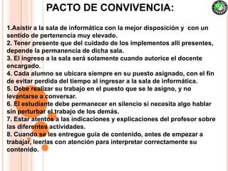 PACTO DE CONVIVENCIA:
1.Asistir a la sala de informática con la mejor disposición y con un
sentido de pertenencia muy elevado.
2. Tener presente que del cuidado de los implementos allí presentes,
depende la permanencia de dicha sala.
3. El ingreso a la sala será solamente cuando autorice el docente
encargado.
4. Cada alumno se ubicara siempre en su puesto asignado, con el fin
de evitar perdida del tiempo al ingresar a la sala de informática.
5. Debe realizar su trabajo en el puesto que se le asigno, y no
levantarse a conversar.
6. El estudiante debe permanecer en silencio si necesita algo hablar
sin perturbar el trabajo de los demás.
7. Estar atentos a las indicaciones y explicaciones del profesor sobre
las diferentes actividades.
8. Cuando se les entregue guía de contenido, antes de empezar a
trabajar, leerlas con atención para interpretar correctamente su
contenido.
 