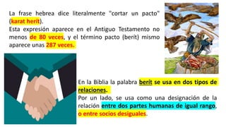 La frase hebrea dice literalmente "cortar un pacto"
(karat herít).
Esta expresión aparece en el Antiguo Testamento no
menos de 80 veces, y el término pacto (berít) mismo
aparece unas 287 veces.
En la Biblia la palabra berít se usa en dos tipos de
relaciones.
Por un lado, se usa como una designación de la
relación entre dos partes humanas de igual rango,
o entre socios desiguales.
 