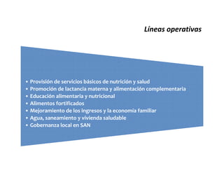 Líneas operativas

.
• Provisión de servicios básicos de nutrición y salud
• Promoción de lactancia materna y alimentación complementaria
• Educación alimentaria y nutricional
• Alimentos fortificados
• Mejoramiento de los ingresos y la economía familiar
• Agua, saneamiento y vivienda saludable
• Gobernanza local en SAN

 