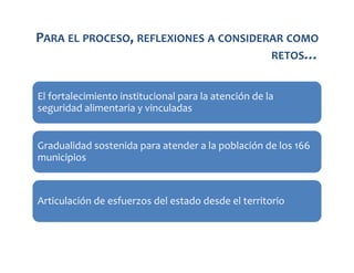 PARA EL PROCESO, REFLEXIONES A CONSIDERAR COMO
RETOS…
El fortalecimiento institucional para la atención de la
seguridad alimentaria y vinculadas

Gradualidad sostenida para atender a la población de los 166
municipios

Articulación de esfuerzos del estado desde el territorio

 