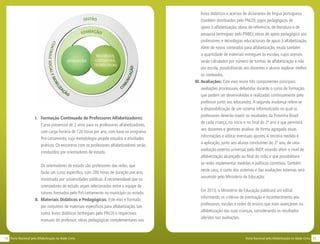 1312 Pacto Nacional pela Alfabetização na Idade CertaPacto Nacional pela Alfabetização na Idade Certa
I. 	 Formação Continuada de Professores Alfabetizadores:
Curso presencial de 2 anos para os professores alfabetizadores,
com carga horária de 120 horas por ano, com base no programa
Pró-Letramento, cuja metodologia propõe estudos e atividades
práticas. Os encontros com os professores alfabetizadores serão
conduzidos por orientadores de estudo.
	
	 Os orientadores de estudo são professores das redes, que
farão um curso específico, com 200 horas de duração por ano,
ministrado por universidades públicas. É recomendável que os
orientadores de estudo sejam selecionados entre a equipe de
tutores formados pelo Pró-Letramento no município ou estado.
II. 	Materiais Didáticos e Pedagógicos: Este eixo é formado
por conjuntos de materiais específicos para alfabetização, tais
como: livros didáticos (entregues pelo PNLD) e respectivos
manuais do professor; obras pedagógicas complementares aos
livros didáticos e acervos de dicionários de língua portuguesa
(também distribuídos pelo PNLD); jogos pedagógicos de
apoio à alfabetização; obras de referência, de literatura e de
pesquisa (entregues pelo PNBE); obras de apoio pedagógico aos
professores; e tecnologias educacionais de apoio à alfabetização.
Além de novos conteúdos para alfabetização, muda também
a quantidade de materiais entregues às escolas, cujos acervos
serão calculados por número de turmas de alfabetização e não
por escola, possibilitando aos docentes e alunos explorar melhor
os conteúdos.
III. Avaliações: Este eixo reúne três componentes principais:
avaliações processuais, debatidas durante o curso de formação,
que podem ser desenvolvidas e realizadas continuamente pelo
professor junto aos educandos.A segunda mudança refere-se
à disponibilização de um sistema informatizado no qual os
professores deverão inserir os resultados da Provinha Brasil
de cada criança, no início e no final do 2º ano e que permitirá
aos docentes e gestores analisar de forma agregada essas
informações e adotar eventuais ajustes.A terceira medida é
a aplicação, junto aos alunos concluintes do 3º ano, de uma
avaliação externa universal, pelo INEP, visando aferir o nível de
alfabetização alcançado ao final do ciclo, e que possibilitará
às redes implementar medidas e políticas corretivas.Também
neste caso, o custo dos sistemas e das avaliações externas será
assumido pelo Ministério da Educação.
	 Em 2013, o Ministério da Educação publicará um edital
informando os critérios de premiação e reconhecimento aos
professores, escolas e redes de ensino que mais avançarem na
alfabetização das suas crianças, considerando os resultados
aferidos nas avaliações.
 