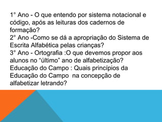 1° Ano - O que entendo por sistema notacional e
código, após as leituras dos cadernos de
formação?
2° Ano -Como se dá a apropriação do Sistema de
Escrita Alfabética pelas crianças?
3° Ano - Ortografia :O que devemos propor aos
alunos no “último” ano de alfabetização?
Educação do Campo : Quais princípios da
Educação do Campo na concepção de
alfabetizar letrando?
 