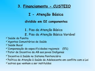3. Financiamento - CUSTEIO
I - Atenção Básica
dividido em 02 componentes
1. Piso da Atenção Básica
2. Piso da Atenção Básica Variável
Saúde da Família
Agentes Comunitários de Saúde
Saúde Bucal
Compensação de especificidades regionais (5%)
Fator de Incentivo da AB aos povos Indígenas
Incentivo à Saúde no Sistema Penitenciário
Política de Atenção à Saúde do Adolescente em conflito com a Lei
outros que venham a ser instituídos
 