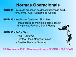 Normas Operacionais
•NOB 91 - Início do processo de descentralização (CMS,
FMS, PMS, CIS, Relatório de Gestão)
•NOB 93 - Instâncias Gestoras (Bipartite)
- cria a figura do município como gestor
(Incipiente, Parcial e Semi-Plena)
•NOB 96 - PAB - Fixo
- PAB - Variável
- Gestão Plena Atenção Básica
- Gestão Plena de Sistema
Efetivada em 1998: 13 municípios em GPSMS e 386 GPAB
 