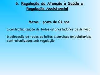6. Regulação da Atenção à Saúde e
Regulação Assistencial
Metas – prazo de 01 ano
a.contratualização de todos os prestadores de serviço
b.colocação de todos os leitos e serviços ambulatoriais
contratualizados sob regulação
 