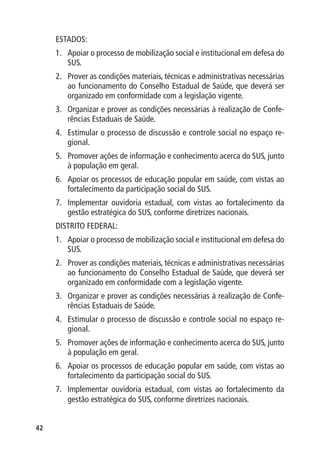 ESTADOS:
     1.	 Apoiar o processo de mobilização social e institucional em defesa do
         SUS.
     2.	 Prover as condições materiais, técnicas e administrativas necessárias
         ao funcionamento do Conselho Estadual de Saúde, que deverá ser
         organizado em conformidade com a legislação vigente.
     3.	 Organizar e prover as condições necessárias à realização de Confe-
         rências Estaduais de Saúde.
     4.	 Estimular o processo de discussão e controle social no espaço re-
         gional.
     5.	 Promover ações de informação e conhecimento acerca do SUS, junto
         à população em geral.
     6.	 Apoiar os processos de educação popular em saúde, com vistas ao
         fortalecimento da participação social do SUS.
     7.	 Implementar ouvidoria estadual, com vistas ao fortalecimento da
         gestão estratégica do SUS, conforme diretrizes nacionais.
     DISTRITO FEDERAL:
     1.	 Apoiar o processo de mobilização social e institucional em defesa do
         SUS.
     2.	 Prover as condições materiais, técnicas e administrativas necessárias
         ao funcionamento do Conselho Estadual de Saúde, que deverá ser
         organizado em conformidade com a legislação vigente.
     3.	 Organizar e prover as condições necessárias à realização de Confe-
         rências Estaduais de Saúde.
     4.	 Estimular o processo de discussão e controle social no espaço re-
         gional.
     5.	 Promover ações de informação e conhecimento acerca do SUS, junto
         à população em geral.
     6.	 Apoiar os processos de educação popular em saúde, com vistas ao
         fortalecimento da participação social do SUS.
     7.	 Implementar ouvidoria estadual, com vistas ao fortalecimento da
         gestão estratégica do SUS, conforme diretrizes nacionais.


42
 