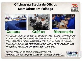 Oficinas na Escola de Ofícios Dom Jaime em Palhoça 
Costura 
Gráfica 
Marcenaria 
A ESCOLA OFERECE OS CURSOS DE COSTURA, PANIFICAÇÃO, MANUTENÇÃO AUTOMOTIVA, GRÁFICA, MARCENARIA E MONTAGEM E MANUTENÇÃO DE COMPUTADORES. PARCERIA FIRMADA COM O SENAI EM 2012. NO ANO PASSADO, CERCA DE 800 ALUNOS FREQUENTARAM AS AULAS. PARA ESTE ANO, HÁ 2,3 MIL VAGAS EM 24 DIFERENTES CURSOS. 
OUTRAS ESCOLAS DE OFÍCIO SERÃO ABERTAS EM: 
JOAÇABA, MARAVILHA, PINHALZINHO, JOINVILLE E CHAPECÓ. 
 
