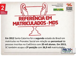 Em 2012 Santa Catarina foi o segundo estado do Brasil em matrículas no Pronatec Social em relação ao percentual de pessoas inscritas no CadÚnico com 20 mil alunos. Em 2013, SC também ocupa a 2ª posição com 36,9 mil matriculados. 
Ministério do 
Desenvolvimento Social e 
Combate à Fome  