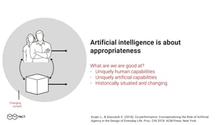 Artificial intelligence is about
appropriateness
What are we are good at?
- Uniquely human capabilities
- Uniquely artificial capabilities
- Historically situated and changing
Changing
context
Kuijer, L., & Giaccardi, E. (2018). Co-performance: Conceptualizing the Role of Artificial
Agency in the Design of Everyday Life. Proc. CHI 2018. ACM Press: New York.
 