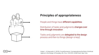 Principles of appropriateness
People and things have different capabilities
Distribution of tasks and judgments changes over
time through innovation
Tasks and judgments are delegated to the design
process and then to things (design is key!)
Kuijer, L., & Giaccardi, E. (2018). Co-performance: Conceptualizing the Role of Artificial
Agency in the Design of Everyday Life. Proc. CHI 2018. ACM Press: New York.
 