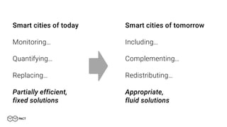 Smart cities of today
Monitoring…
Quantifying…
Replacing…
Partially efficient,
fixed solutions
Smart cities of tomorrow
Including…
Complementing…
Redistributing…
Appropriate,
fluid solutions
 