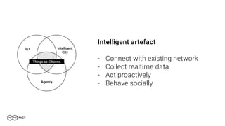 Intelligent artefact
- Connect with existing network
- Collect realtime data
- Act proactively
- Behave socially
 