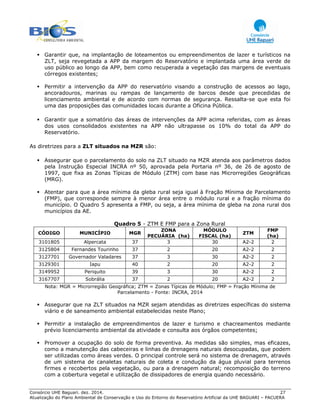 Consórcio UHE Baguari. dez. 2014. 27
Atualização do Plano Ambiental de Conservação e Uso do Entorno do Reservatório Artificial da UHE BAGUARI – PACUERA
Garantir que, na implantação de loteamentos ou empreendimentos de lazer e turísticos na
ZLT, seja revegetada a APP da margem do Reservatório e implantada uma área verde de
uso público ao longo da APP, bem como recuperada a vegetação das margens de eventuais
córregos existentes;
Permitir a intervenção da APP do reservatório visando a construção de acessos ao lago,
ancoradouros, marinas ou rampas de lançamento de barcos desde que precedidas de
licenciamento ambiental e de acordo com normas de segurança. Ressalta-se que esta foi
uma das proposições das comunidades locais durante a Oficina Pública.
Garantir que a somatório das áreas de intervenções da APP acima referidas, com as áreas
dos usos consolidados existentes na APP não ultrapasse os 10% do total da APP do
Reservatório.
As diretrizes para a ZLT situados na MZR são:
Assegurar que o parcelamento do solo na ZLT situado na MZR atenda aos parâmetros dados
pela Instrução Especial INCRA nº 50, aprovada pela Portaria nº 36, de 26 de agosto de
1997, que fixa as Zonas Típicas de Módulo (ZTM) com base nas Microrregiões Geográficas
(MRG).
Atentar para que a área mínima da gleba rural seja igual à Fração Mínima de Parcelamento
(FMP), que corresponde sempre à menor área entre o módulo rural e a fração mínima do
município. O Quadro 5 apresenta a FMP, ou seja, a área mínima de gleba na zona rural dos
municípios da AE.
Quadro 5 - ZTM E FMP para a Zona Rural
CÓDIGO MUNICÍPIO MGR
ZONA
PECUÁRIA (ha)
MÓDULO
FISCAL (ha)
ZTM
FMP
(ha)
3101805 Alpercata 37 3 30 A2-2 2
3125804 Fernandes Tourinho 37 2 20 A2-2 2
3127701 Governador Valadares 37 3 30 A2-2 2
3129301 Iapu 40 2 20 A2-2 2
3149952 Periquito 39 3 30 A2-2 2
3167707 Sobrália 37 2 20 A2-2 2
Nota: MGR = Microrregião Geográfica; ZTM = Zonas Típicas de Módulo; FMP = Fração Mínima de
Parcelamento - Fonte: INCRA, 2014
Assegurar que na ZLT situados na MZR sejam atendidas as diretrizes específicas do sistema
viário e de saneamento ambiental estabelecidas neste Plano;
Permitir a instalação de empreendimentos de lazer e turismo e chacreamentos mediante
prévio licenciamento ambiental da atividade e consulta aos órgãos competentes;
Promover a ocupação do solo de forma preventiva. As medidas são simples, mas eficazes,
como a manutenção das cabeceiras e linhas de drenagens naturais desocupadas, que podem
ser utilizadas como áreas verdes. O principal controle será no sistema de drenagem, através
de um sistema de canaletas naturais de coleta e condução da água pluvial para terrenos
firmes e recobertos pela vegetação, ou para a drenagem natural; recomposição do terreno
com a cobertura vegetal e utilização de dissipadores de energia quando necessário.
 