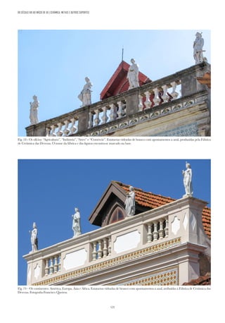 125
DO SÉCULO XIX AO INÍCIO DE XX | CERÂMICA, METAIS E OUTROS SUPORTES
Fig. 18 - Os ofícios: “Agricultura”, “Indústria”, “Artes” e “Comércio”. Estatuetas vidradas de branco com apontamentos a azul, produzidas pela Fábrica
de Cerâmica das Devezas. O nome da fábrica e das figuras encontra-se marcado na base.
Fig. 19 – Os continentes: América, Europa, Ásia e África. Estatuetas vidradas de branco com apontamentos a azul, atribuídas à Fábrica de Cerâmica das
Devezas. Fotografia Francisco Queiroz.
 