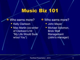 Music Biz 101
Who earns more?                    Who earns more?
 Kelly Clarkson                     John Mayer
 Max Martin (co-writer              Michael Solomon,
  of Clarkson’s hit                   Brick Wall
  “My Life Would Suck                 Management
  w/out You”)                         (John’s manager)




                PacWest Presentation - 2013              3
 
