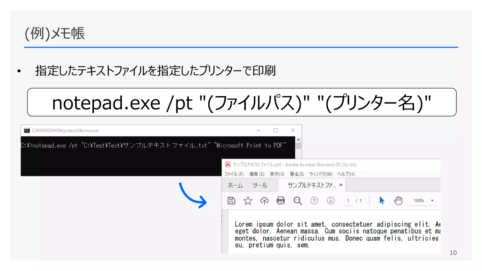 (例)メモ帳
• 指定したテキストファイルを指定したプリンターで印刷
10
notepad.exe /pt "(ファイルパス)" "(プリンター名)"
 