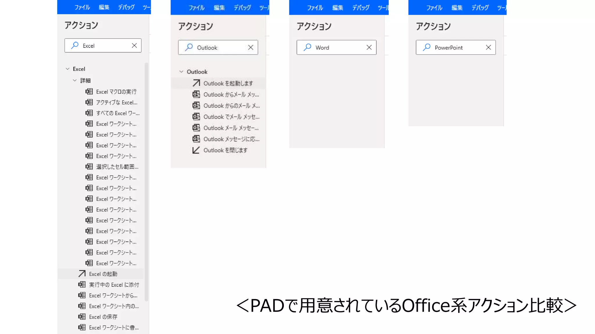 4
＜PADで用意されているOffice系アクション比較＞
 