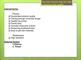 Two main factors that can help
                                            to improve their quality

Internal factor.

         Powers.
       Guaranteed product quality
       Traning through university burger
       Quality low prices
       Family food
       Concept restaurant uniform
       Preserving traditional food
       Easy to get raw materials

       Weaknesses
     High standard.

External factors
        1.Chance
        2. Threat
 