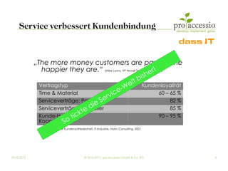 Service verbessert Kundenbindung


             „The more money customers are paying, the
                happier they are.“ (Mike Lyons, VP Novell Technicaler!
                                                                   Services)

                                                             ish
                                                      lt bKundenloyalität
               Vertragstyp
                                                e- We
                                               c
                                           rvi
               Time & Material                                           60 – 65 %
               Serviceverträge: Partner Se                                    82 %
                                     ie
                               kt ed
               Serviceverträge: Hersteller                                    85 %
                            tic
               Kunde-Hersteller                                          90 – 95 %
                         So
               Kooperation
               Gemessen an der Kundenzufriedenheit, IT-Industrie, Hahn Consulting, 2001




09.03.2012                                     © 2010-2012, pro accessio GmbH & Co. KG    4
 