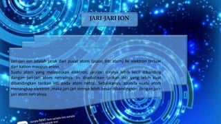 Jari-jari ion adalah jarak dari pusat atom (pusat inti atom) ke elektron terluar
dari kation maupun anion.
Suatu atom yang melepaskan elektron, jari-jari ionnya lebih kecil dibanding
dangan jari-jari atom netralnya. Ini disebabkan tarikan inti yang lebih kuat
dibandingkan tarikan inti pada atom netral. Sebalikanya, apabila suatu atom
menangkap elektron ,maka jari-jari ionnya lebih besar dibandingkan dengan jarijari atom netralnya.

 