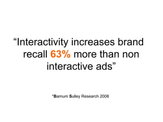 “ Interactivity increases brand recall  63%  more   than non interactive ads” * B arnum  S ulley Research 2008 