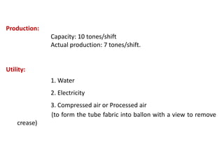 Production:
Capacity: 10 tones/shift
Actual production: 7 tones/shift.
Utility:
1. Water
2. Electricity
3. Compressed air or Processed air
(to form the tube fabric into ballon with a view to remove
crease)
 