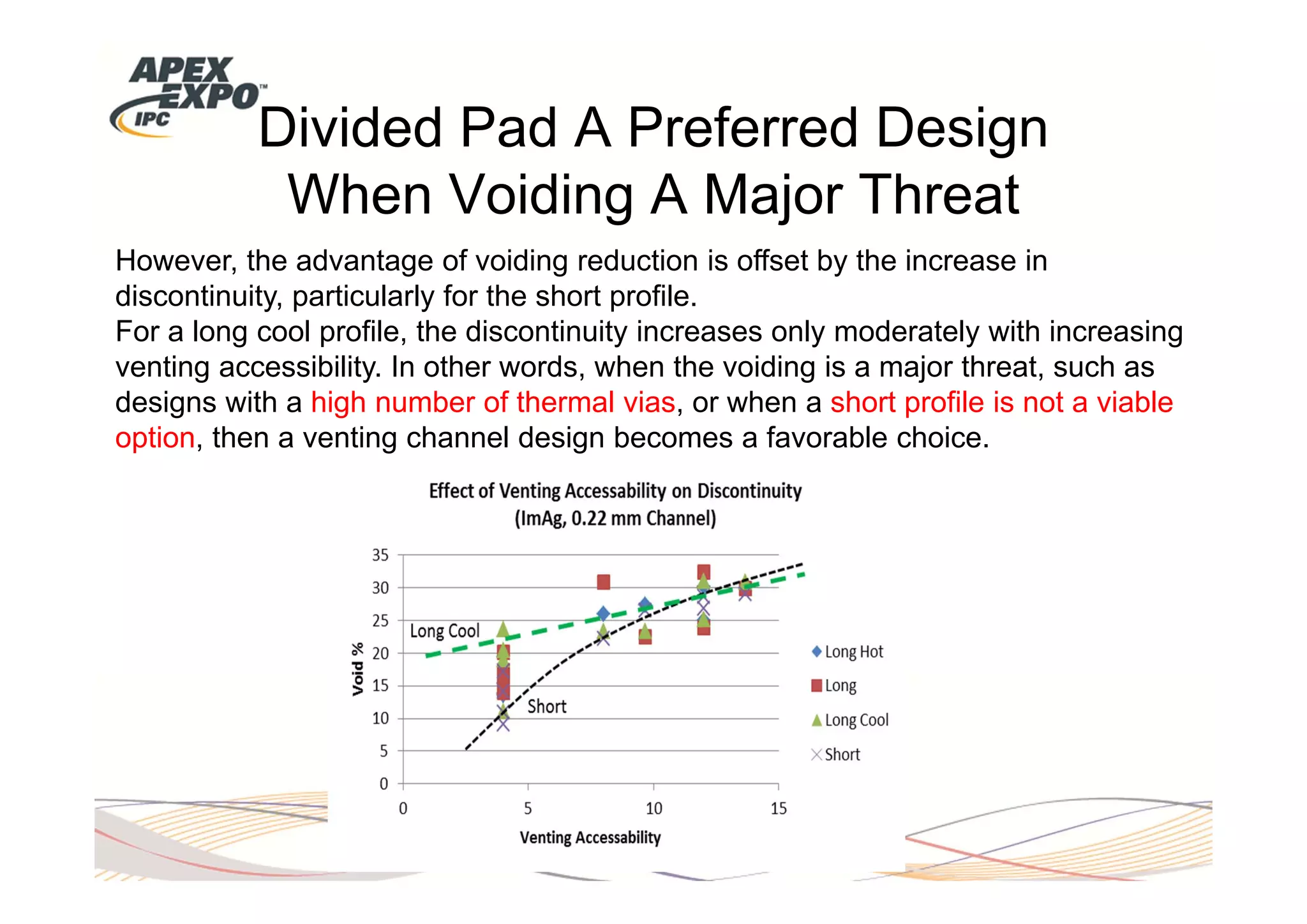 Divided Pad A Preferred Design
            When Voiding A Major Threat
However, the advantage of voiding reduction is offset by the increase in
discontinuity, particularly for the short profile.
For a long cool profile, the discontinuity increases only moderately with increasing
venting accessibility. In other words, when the voiding is a major threat, such as
designs with a high number of thermal vias, or when a short profile is not a viable
option, then a venting channel design becomes a favorable choice.
 