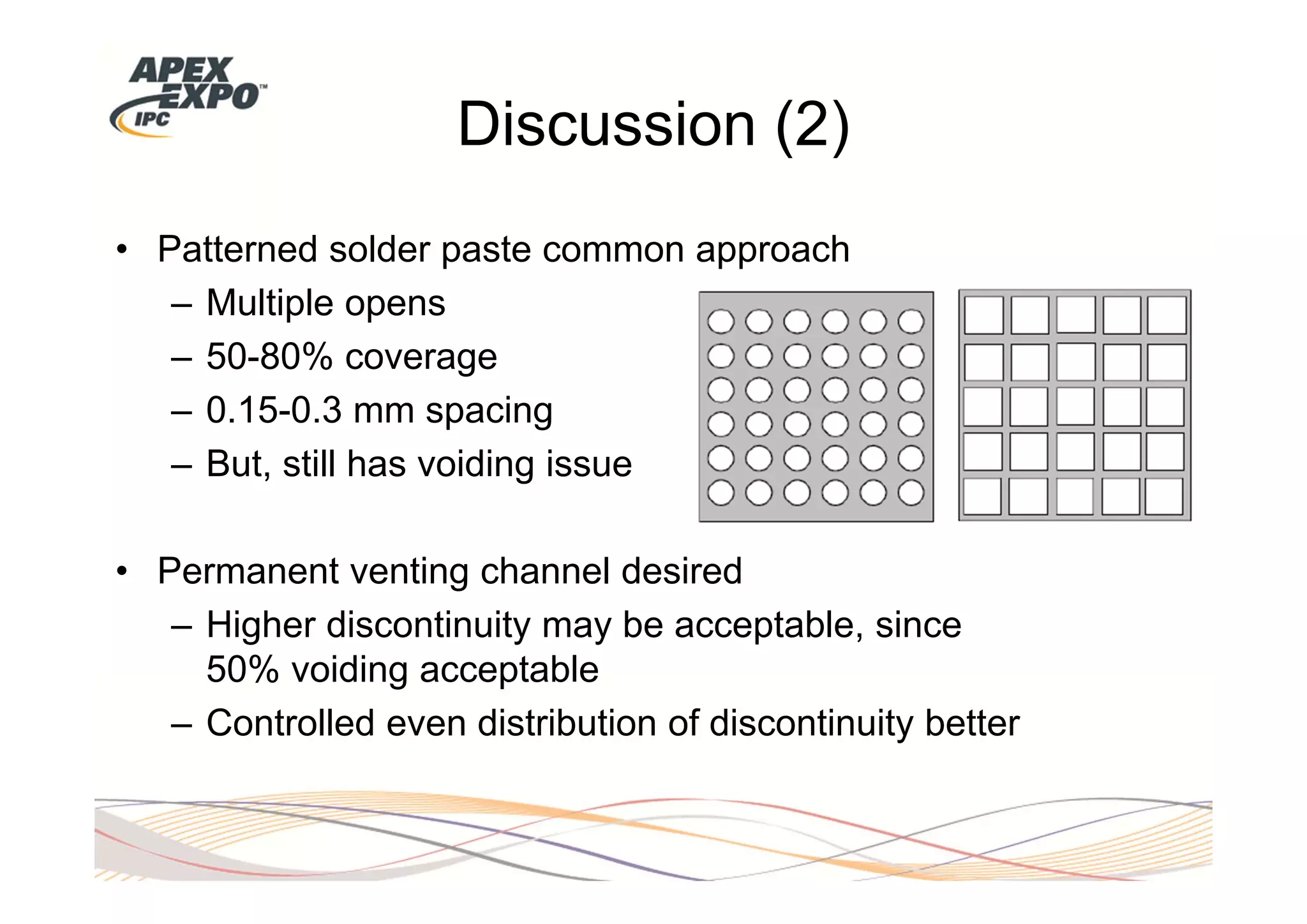 Discussion (2)
• Patterned solder paste common approach
   – Multiple opens
   – 50-80% coverage
   – 0.15-0.3 mm spacing
   – But, still has voiding issue

• Permanent venting channel desired
   – Higher discontinuity may be acceptable, since
     50% voiding acceptable
   – Controlled even distribution of discontinuity better
 