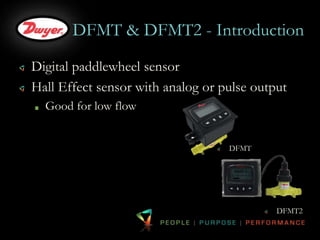 DFMT & DFMT2 - Introduction 
Digital paddlewheel sensor 
Hall Effect sensor with analog or pulse output 
Good for low flow 
DFMT 
DFMT2 
 