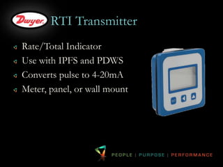 RTI Transmitter 
Rate/Total Indicator 
Use with IPFS and PDWS 
Converts pulse to 4-20mA 
Meter, panel, or wall mount 
 