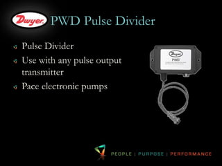 PWD Pulse Divider 
Pulse Divider 
Use with any pulse output 
transmitter 
Pace electronic pumps 
 