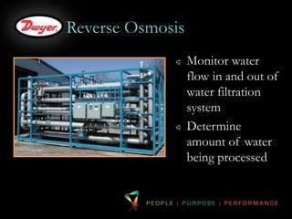 Reverse Osmosis 
Monitor water 
flow in and out of 
water filtration 
system 
Determine 
amount of water 
being processed 
 
