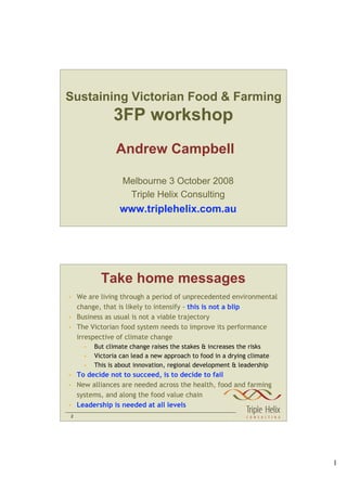 Sustaining Victorian Food & Farming
              3FP workshop
               Andrew Campbell

                 Melbourne 3 October 2008
                  Triple Helix Consulting
                www.triplehelix.com.au




          Take home messages
• We are living through a period of unprecedented environmental
  change, that is likely to intensify - this is not a blip
• Business as usual is not a viable trajectory
• The Victorian food system needs to improve its performance
  irrespective of climate change
    •   But climate change raises the stakes & increases the risks
    •   Victoria can lead a new approach to food in a drying climate
    •   This is about innovation, regional development & leadership
• To decide not to succeed, is to decide to fail
• New alliances are needed across the health, food and farming
  systems, and along the food value chain
• Leadership is needed at all levels
2




                                                                       1
 