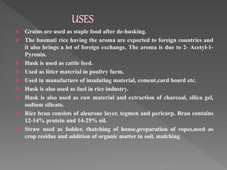  Grains are used as staple food after de-husking.
 The basmati rice having the aroma are exported to foreign countries and
it also brings a lot of foreign exchange. The aroma is due to 2- Acetyl-1-
Pyronin.
 Husk is used as cattle feed.
 Used as litter material in poultry farm.
 Used in manufacture of insulating material, cement,card board etc.
 Husk is also used as fuel in rice industry.
 Husk is also used as raw material and extraction of charcoal, silica gel,
sodium silicate.
 Rice bran consists of aleurone layer, tegmen and pericarp. Bran contains
12-14% protein and 14-25% oil.
 Straw used as fodder, thatching of house,preparation of ropes,used as
crop residue and addition of organic matter in soil, mulching
 