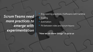 ScrumTeams need
more practices to
emerge with
experimentation
• Engineering practices / Software craftmanship
• Scaling
• Estimation
• Fit between roles and scrum teams
“How we do these things” is up to us
 