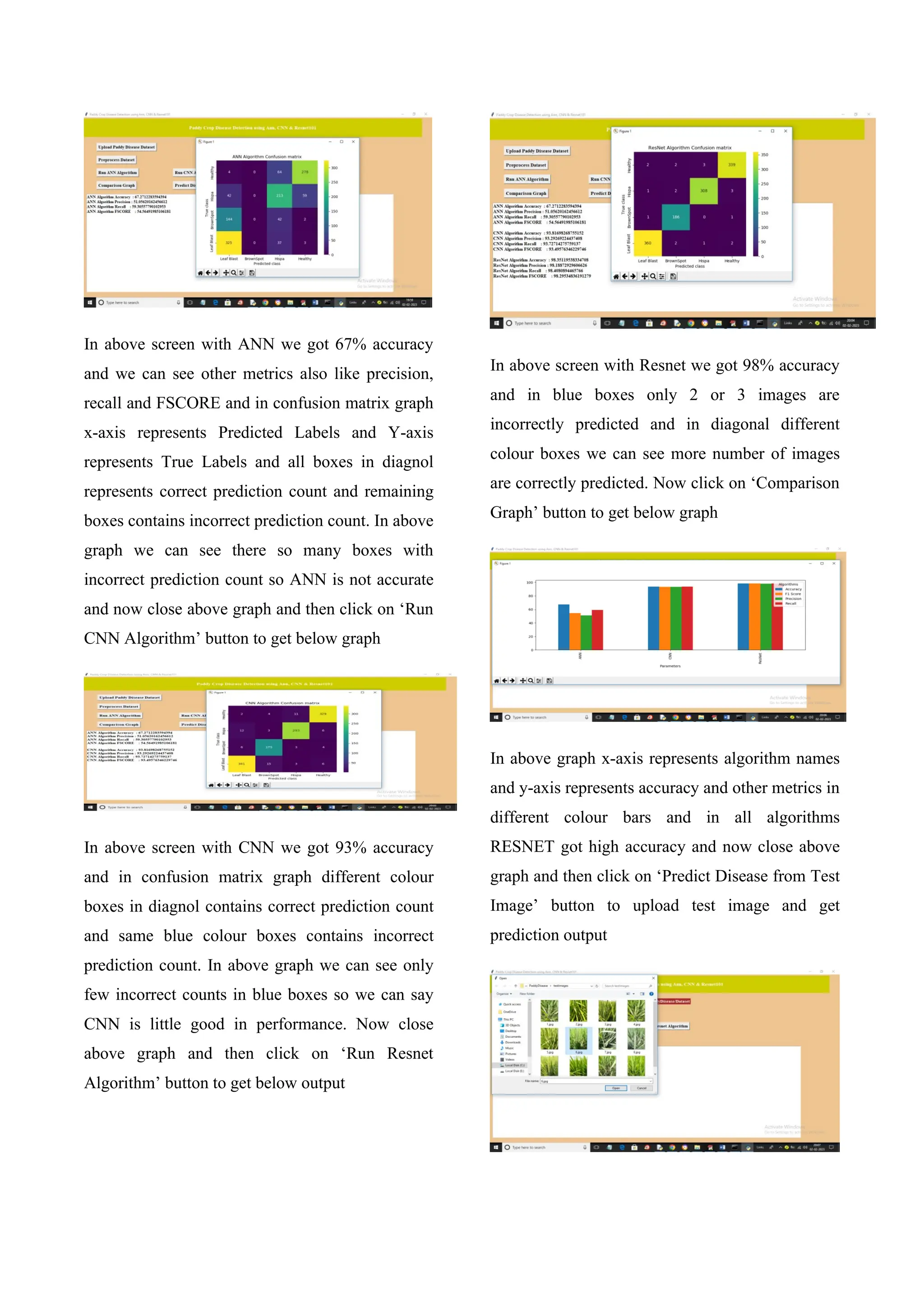 In above screen with ANN we got 67% accuracy
and we can see other metrics also like precision,
recall and FSCORE and in confusion matrix graph
x-axis represents Predicted Labels and Y-axis
represents True Labels and all boxes in diagnol
represents correct prediction count and remaining
boxes contains incorrect prediction count. In above
graph we can see there so many boxes with
incorrect prediction count so ANN is not accurate
and now close above graph and then click on ‘Run
CNN Algorithm’ button to get below graph
In above screen with CNN we got 93% accuracy
and in confusion matrix graph different colour
boxes in diagnol contains correct prediction count
and same blue colour boxes contains incorrect
prediction count. In above graph we can see only
few incorrect counts in blue boxes so we can say
CNN is little good in performance. Now close
above graph and then click on ‘Run Resnet
Algorithm’ button to get below output
In above screen with Resnet we got 98% accuracy
and in blue boxes only 2 or 3 images are
incorrectly predicted and in diagonal different
colour boxes we can see more number of images
are correctly predicted. Now click on ‘Comparison
Graph’ button to get below graph
In above graph x-axis represents algorithm names
and y-axis represents accuracy and other metrics in
different colour bars and in all algorithms
RESNET got high accuracy and now close above
graph and then click on ‘Predict Disease from Test
Image’ button to upload test image and get
prediction output
 