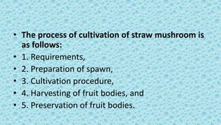 • The process of cultivation of straw mushroom is
as follows:
• 1. Requirements,
• 2. Preparation of spawn,
• 3. Cultivation procedure,
• 4. Harvesting of fruit bodies, and
• 5. Preservation of fruit bodies.
 