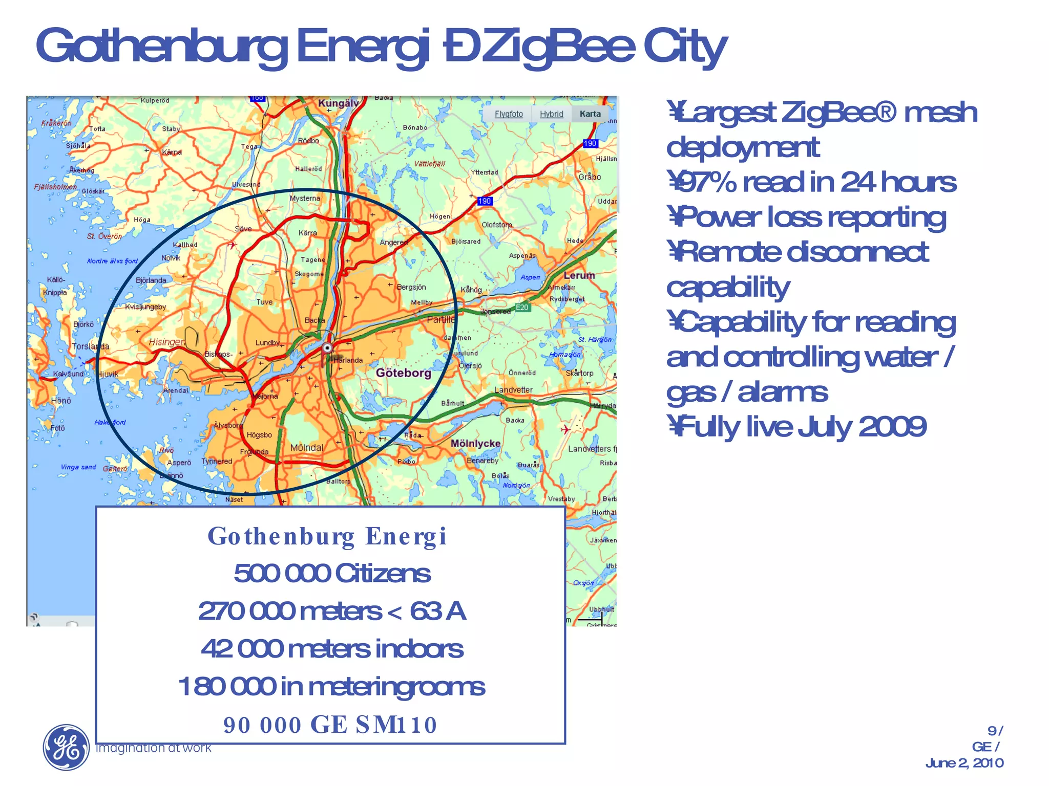 Gothenburg Energi   500 000 Citizens 270 000 meters < 63 A 42 000 meters indoors 180 000 in meteringrooms 90 000 GE SM110 Largest ZigBee® mesh deployment 97% read in 24 hours Power loss reporting Remote disconnect capability Capability for reading and controlling water / gas / alarms Fully live July 2009 Gothenburg Energi – ZigBee City 