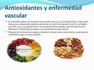 Antioxidantes y enfermedad
vascular
 El contenido calórico de los frutos secos oscila entre 5,3 y 6,6 kcal/g de fruto. Todos ellos
tienen una composición similar en proteínas (10-25%), en azúcares (5-20%) y en lípidos
(50-60%; 0,51 y 0,73 g/g de fruto), con excepción de las castañas, que son más ricas en
hidratos de carbono que en grasa y son más farináceas que oleosas.
 Ninguno de los frutos secos aporta colesterol y tienen como característica común que su
contenido en agua es muy reducido.
 