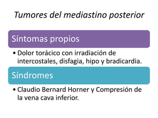 Tumores del mediastino posterior 
Síntomas propios 
• Dolor torácico con irradiación de 
intercostales, disfagia, hipo y bradicardia. 
Síndromes 
• Claudio Bernard Horner y Compresión de 
la vena cava inferior. 
 