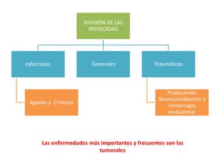 DIVISIÓN DE LAS 
PATOLOGIAS 
Infecciosas 
Agudas y Crónicas 
Tumorales Traumáticas 
Produciendo 
Neumomediastino o 
hemorragia 
mediastinal. 
Las enfermedades más importantes y frecuentes son las 
tumorales 
 